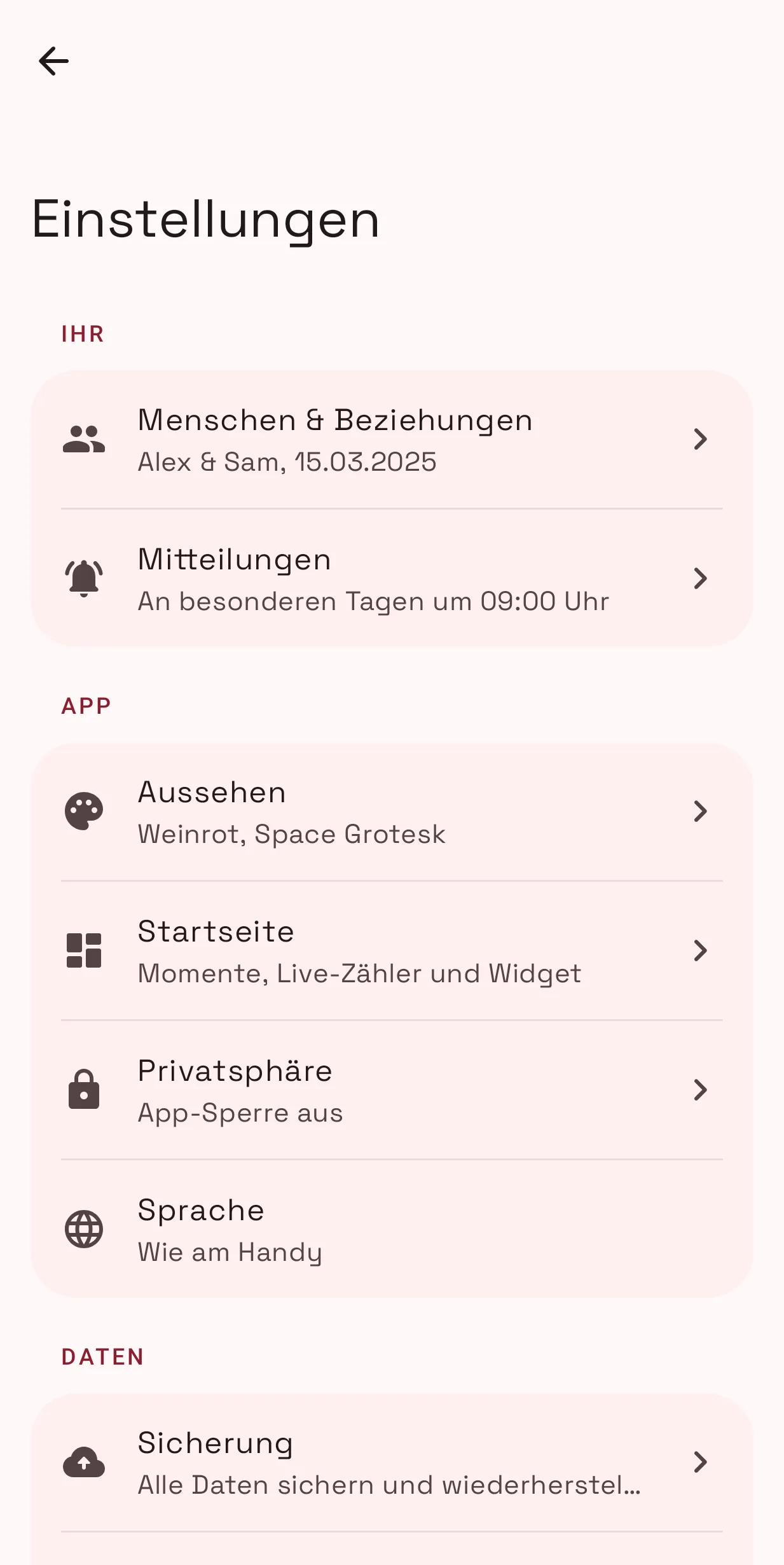Einstellungen mit Aussehen, Privatsphäre und Sicherung
